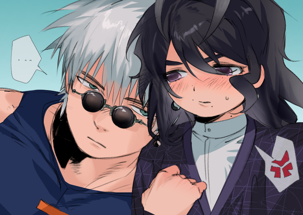 artwork of Enishi leaning his head on Yukie's shoulder, who is looking at him with an annoyed expression